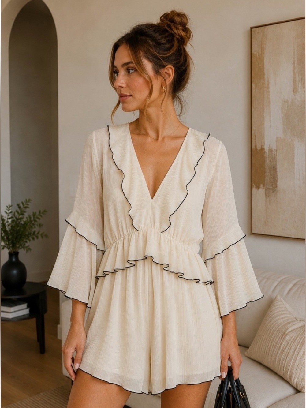 Cream Ruffle V-Neck Romper with Black Trim